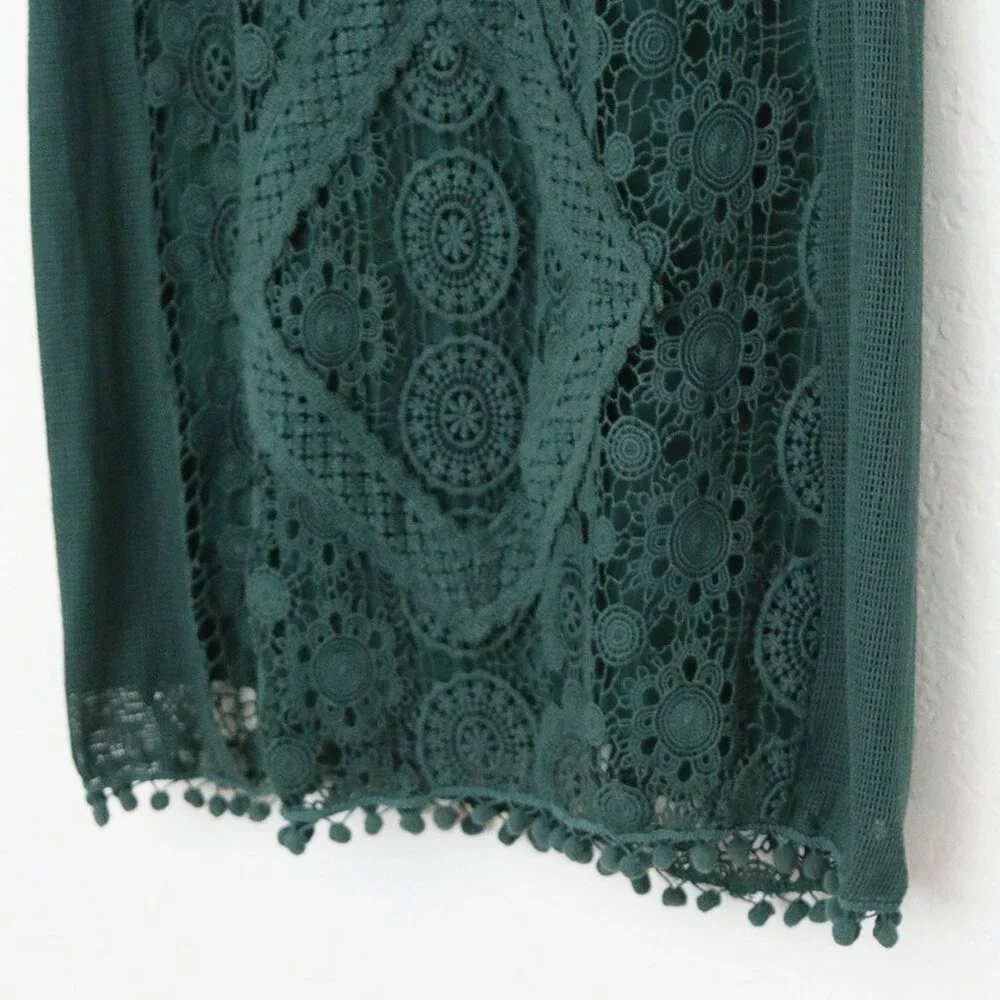 Tularosa Revolve Clayton Tunic Mini Dress L Hunter Green Pom Pom Trim Lace $210 - Picture 14 of 16